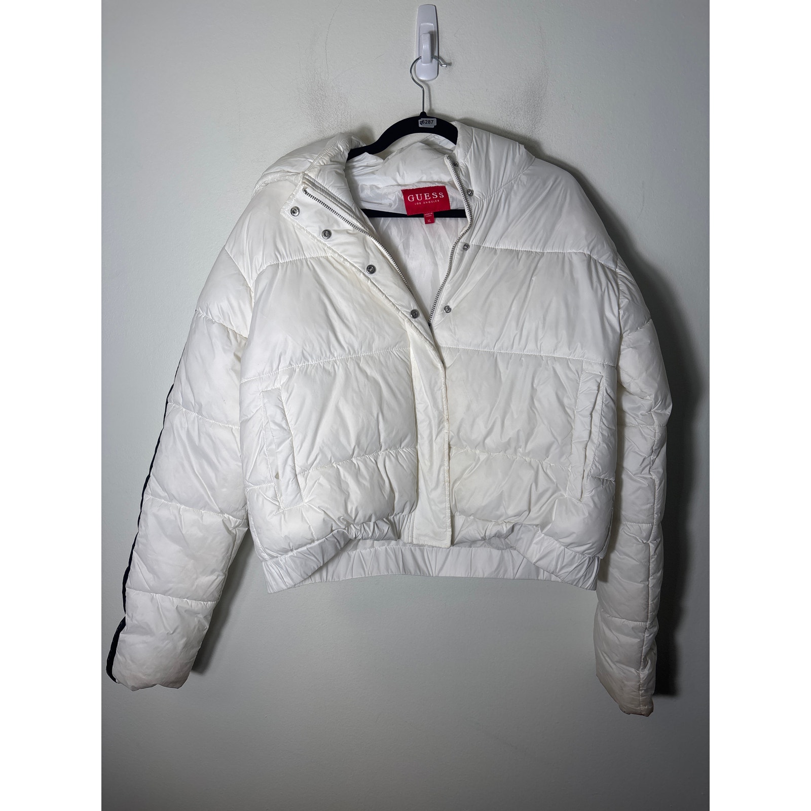 Guess White Long Sleeve Crop Puffer Hooded Jacket Sz Xl